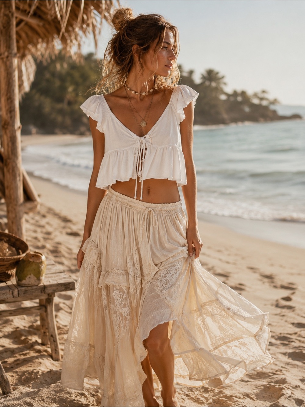La Hearts White Flutter Sleeve Tie Front Crop Top